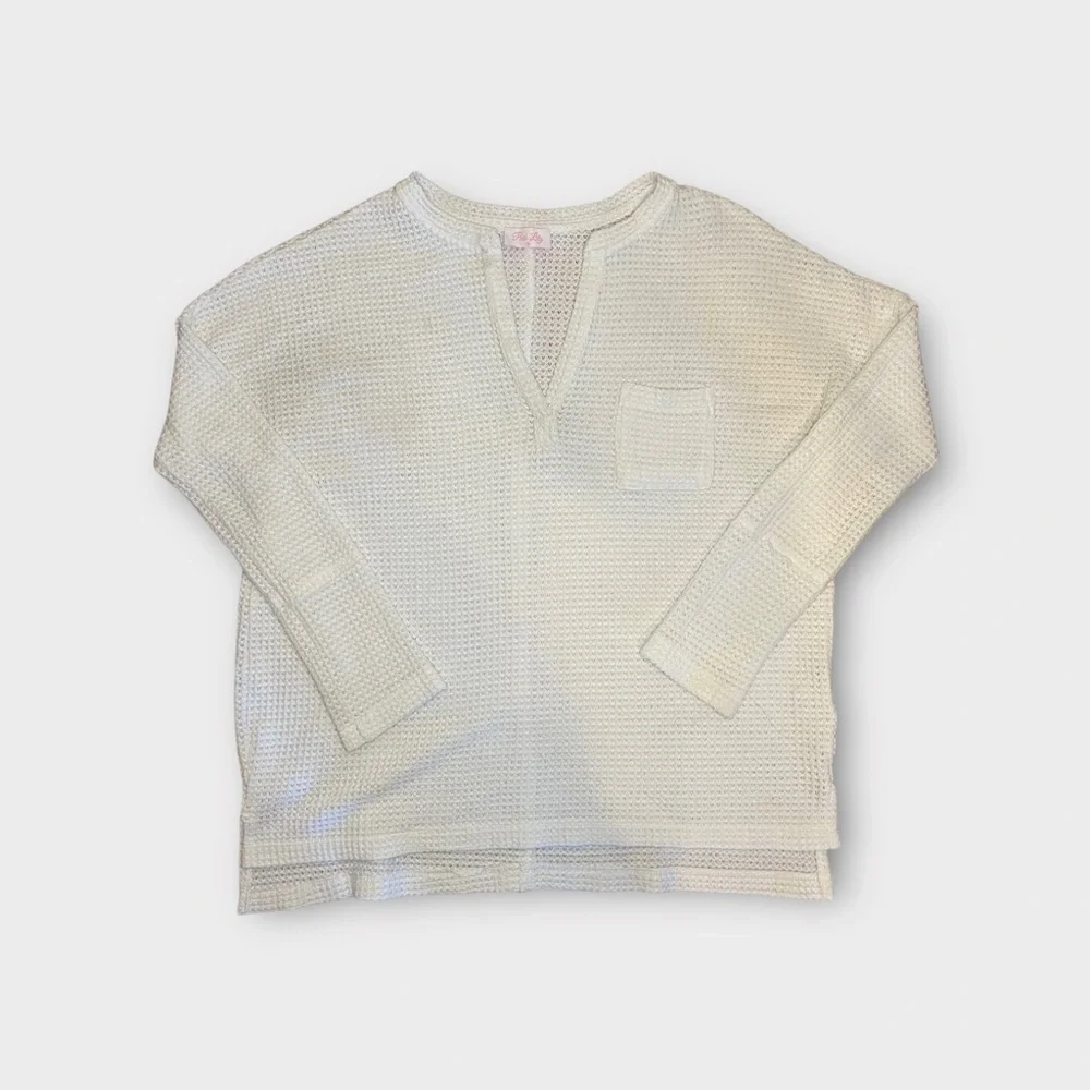 Pink Lily Waffle Knit Long Sleeve Oatmeal V-neck Top - Picture 4 of 8